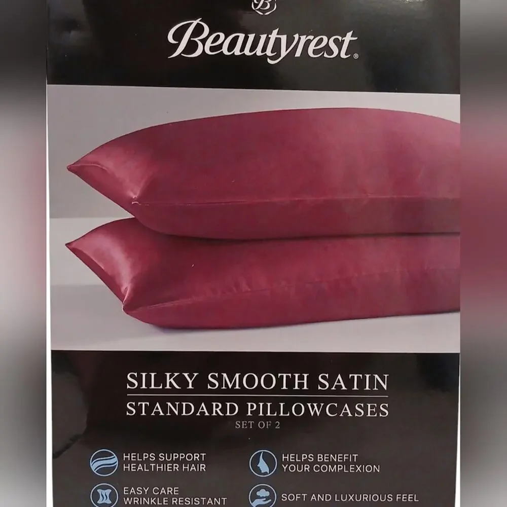 2 Pc Beautyrest STANDARD Satin Pillowcases Dark RED‎ Silky Therapeutic Hair Skin